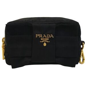 Authentic Prada Bow Pouch Black w/ Gold Hardware Zipper Closure Key Cles Pouch